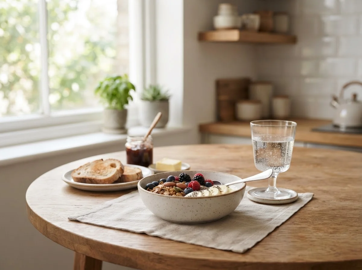 Glas water en capsule op ontbijttafel